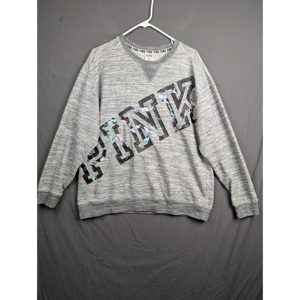 PINK Victoria Secret Gray Marled Crewneck Sweatshirt Large Graphic Logo‎